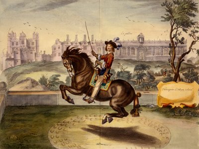 Cavendish performing volte, with Bolsover Castle and its Manege block in the background, from The Method and New Invention of Dressing Horses by William Cavendish, published 1737 (2nd edn) by Abraham van Diepenbeeck